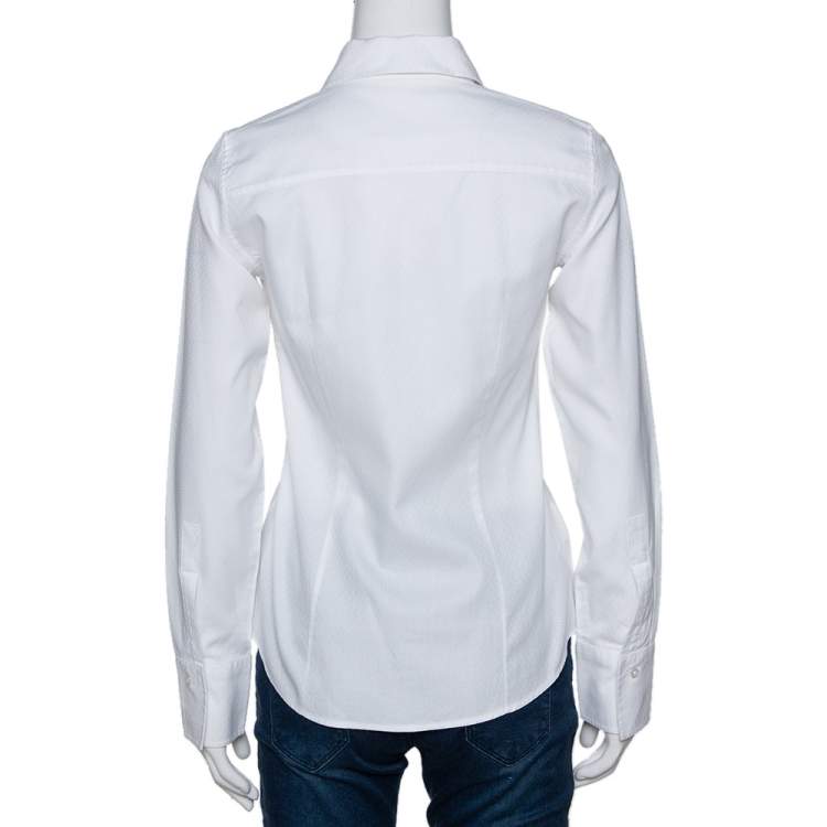 Pre Owned CH Carolina Herrera White Cotton Jacquard Logo Pattern Button Front Shirt S