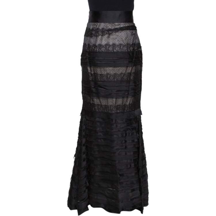 Pre Owned CH Carolina Herrera Black Silk Lace Trim Layered Maxi Skirt M