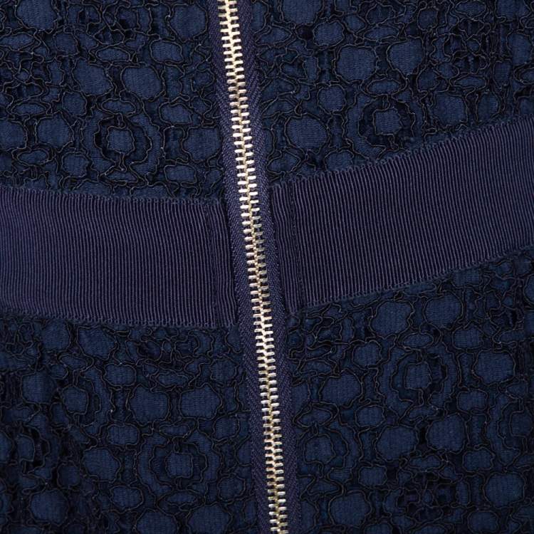 Pre Owned CH Carolina Herrera Navy Blue Floral Corded Lace Peplum Jacket S