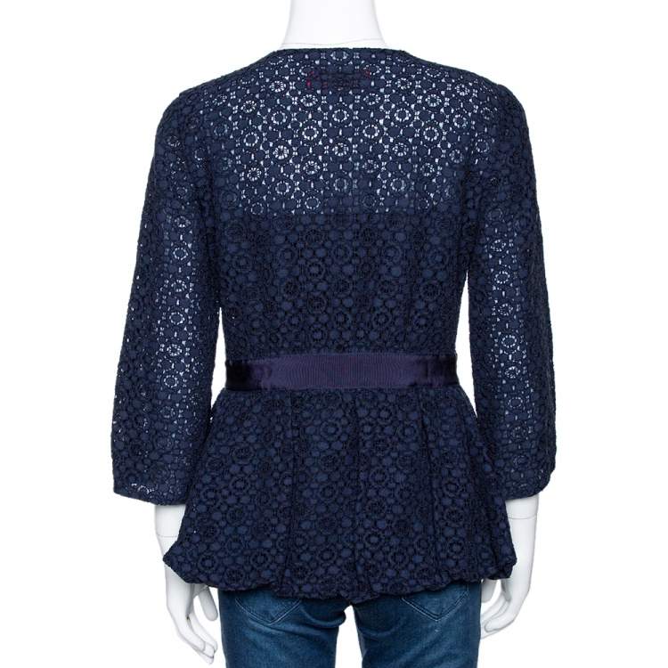 Pre Owned CH Carolina Herrera Navy Blue Floral Corded Lace Peplum Jacket S