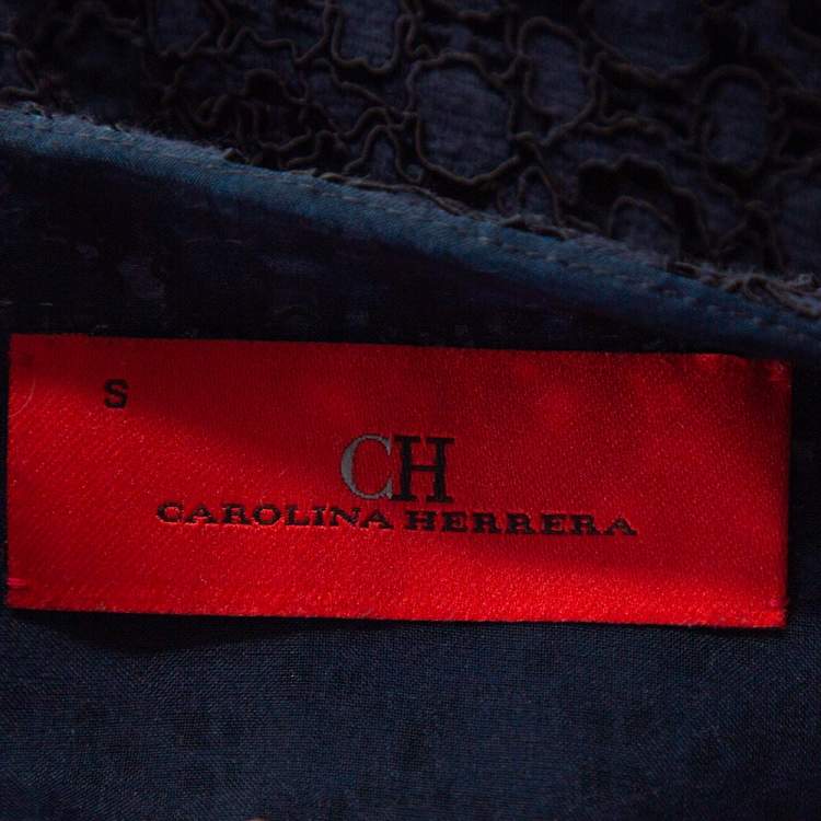 Pre Owned CH Carolina Herrera Navy Blue Floral Corded Lace Peplum Jacket S