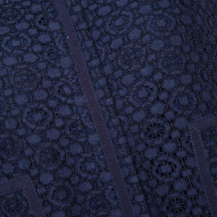 Pre Owned CH Carolina Herrera Navy Blue Corded Lace Button Front Top S