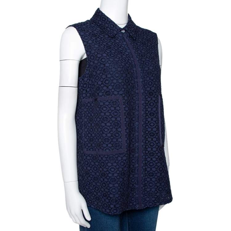 Pre Owned CH Carolina Herrera Navy Blue Corded Lace Button Front Top S