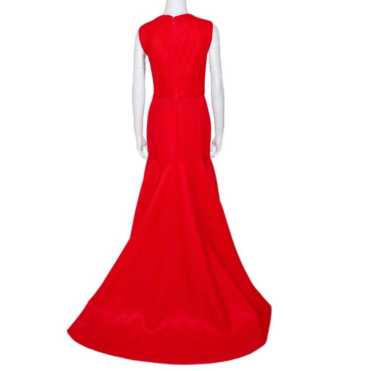 Pre Owned CH Carolina Herrera Red Tricot Mesh Sleeveless Gown L