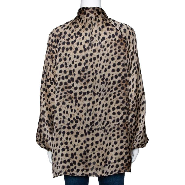 Pre Owned CH Carolina Herrera Beige Animal Print Silk Long Sleeve Blouse L