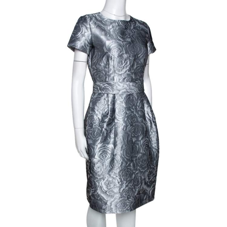 Pre Owned CH Carolina Herrera Grey Floral Brocade Midi Dress S