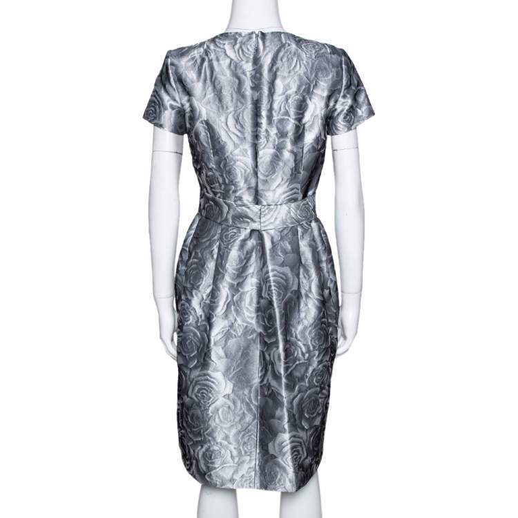 Pre Owned CH Carolina Herrera Grey Floral Brocade Midi Dress S