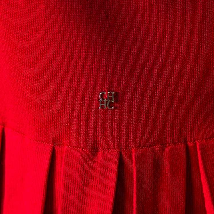 Pre Owned CH Carolina Herrera Red Knit Pleated Hem Cardigan M