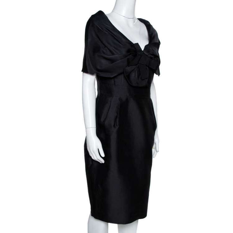 Pre Owned CH Carolina Herrera Black Silk Draped Collar Bow Detail Dress M