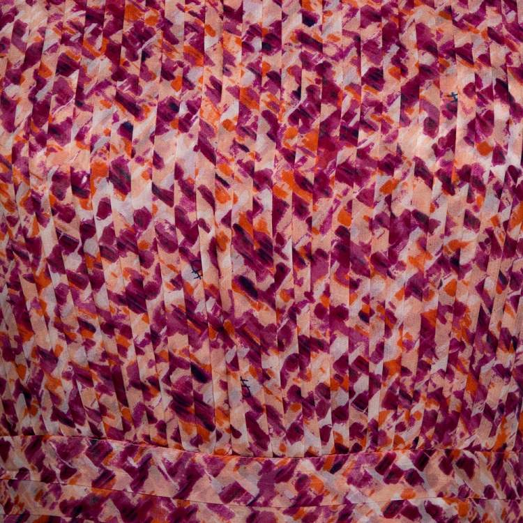 Pre Owned CH Carolina Herrera Fuschia & Orange Abstract Printed Silk Pleated Dress S