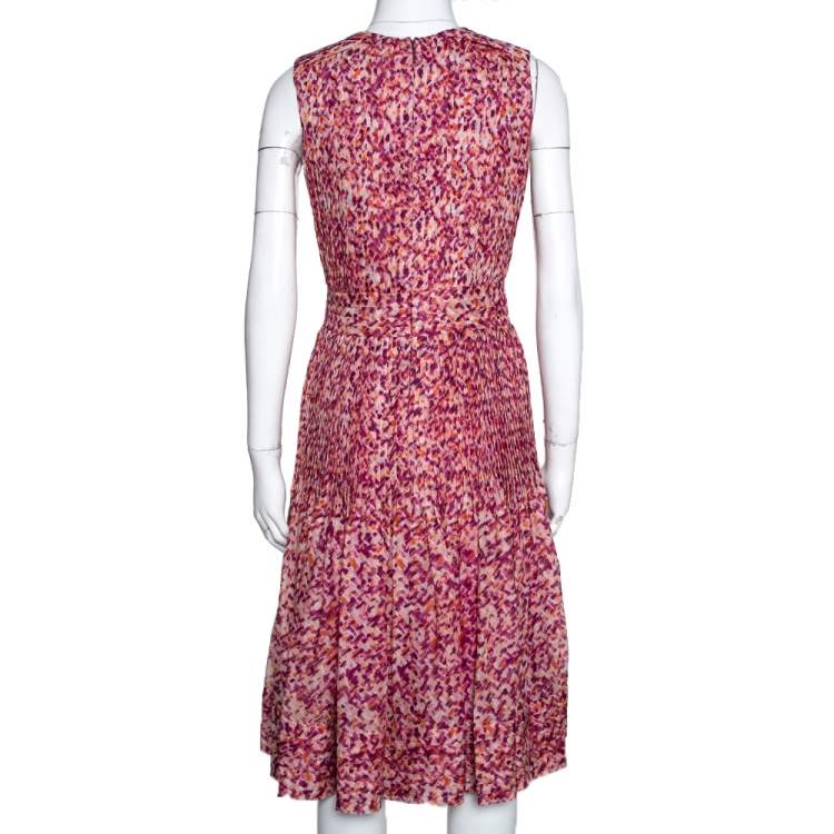 Pre Owned CH Carolina Herrera Fuschia & Orange Abstract Printed Silk Pleated Dress S