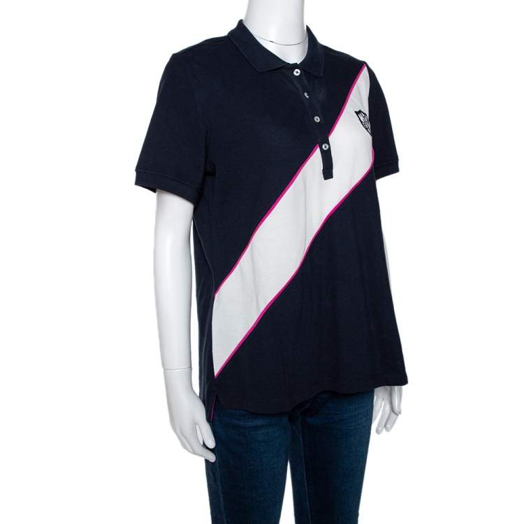 Pre Owned CH Carolina Herrera Tricolor Knit Diagonal Panel Logo Embroidered Polo T-Shirt L