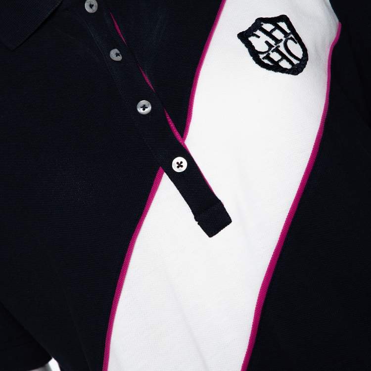 Pre Owned CH Carolina Herrera Tricolor Knit Diagonal Panel Logo Embroidered Polo T-Shirt L