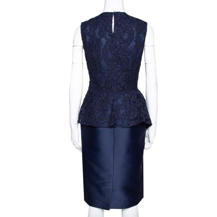 Pre Owned CH Carolina Herrera Navy Blue Lace Sleeveless Peplum Dress S