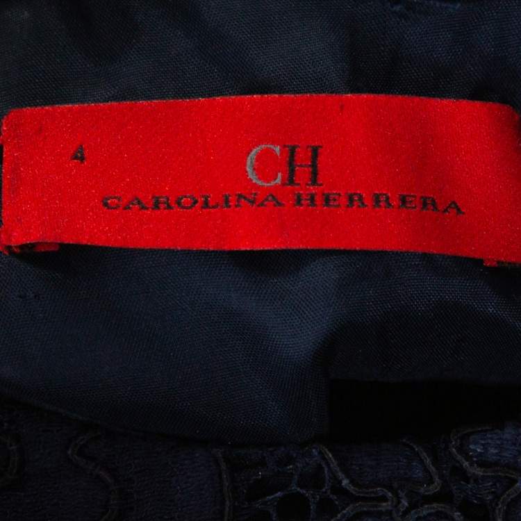 Pre Owned CH Carolina Herrera Navy Blue Lace Sleeveless Peplum Dress S