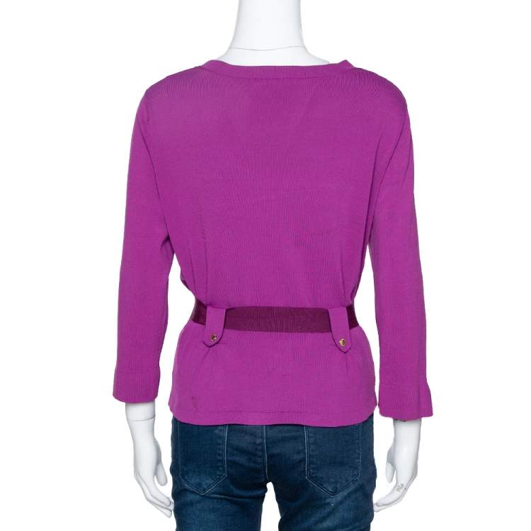 Pre Owned CH Carolina Herrera Fuschia Stretch Knit Belted Cardigan L
