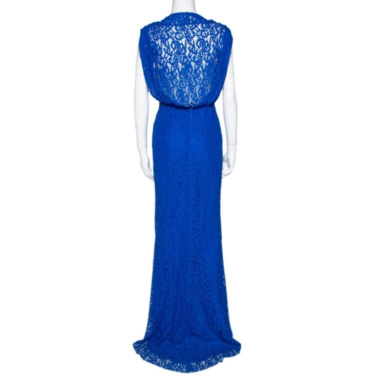 مملوكة مسبقًا CH Carolina Herrera Cobalt Blue Floral Lace Draped Gown S