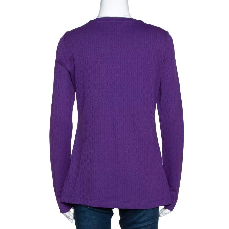 Pre Owned CH Carolina Herrera Purple Logo Patterned Cotton Long Sleeve Top L