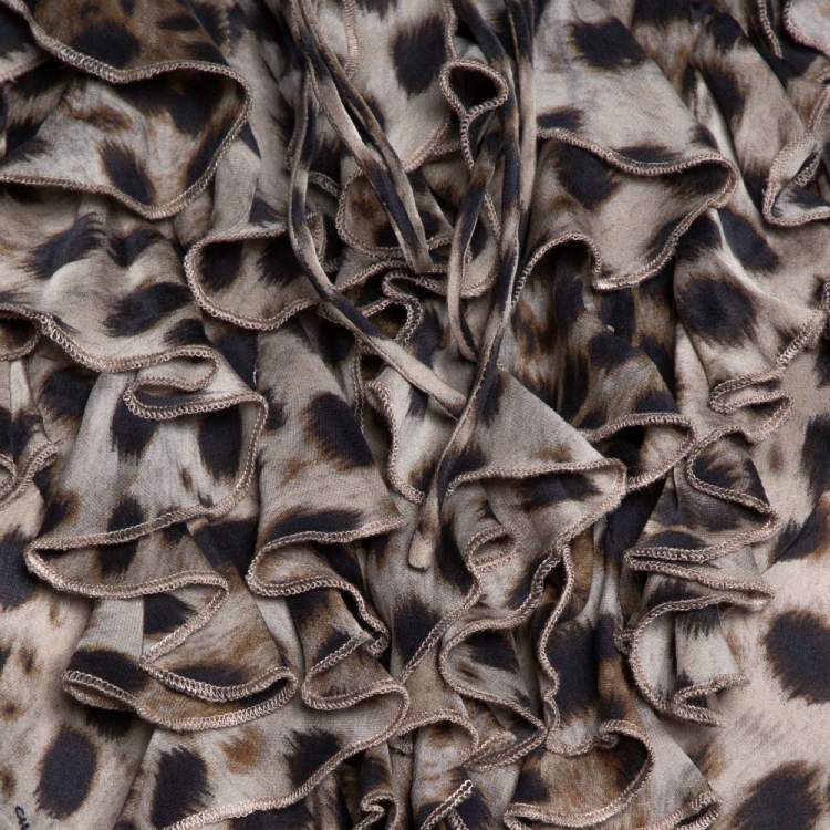 Pre Owned CH Carolina Herrera Brown Leopard Print Silk Ruffled Blouse S