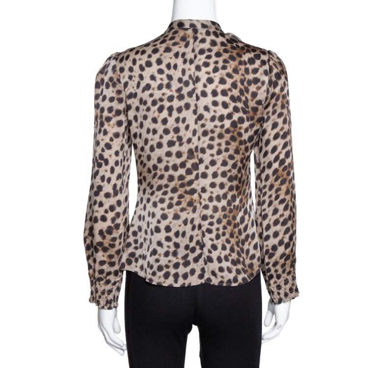 Pre Owned CH Carolina Herrera Brown Leopard Print Silk Ruffled Blouse S