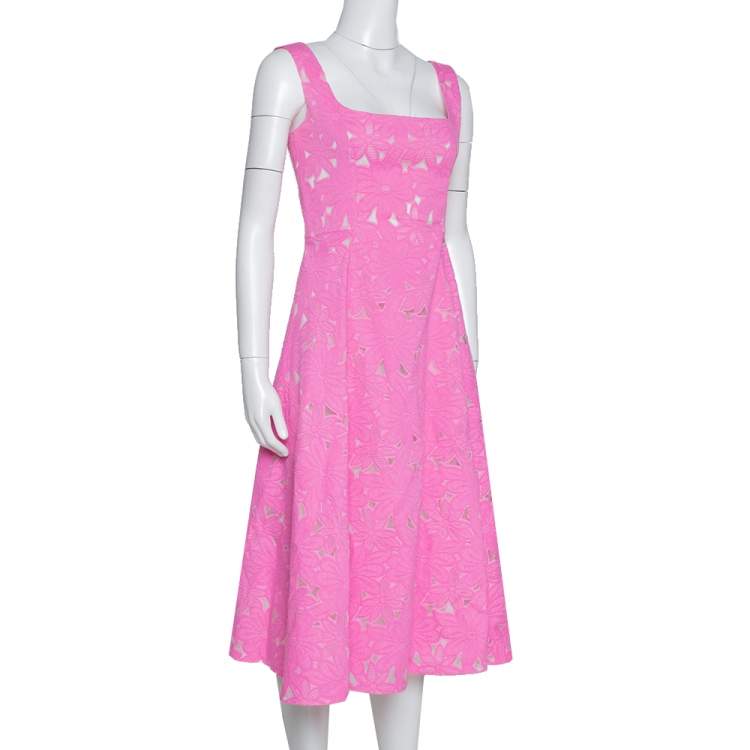Pre Owned CH Carolina Herrera Pink Floral Jacquard Sleeveless Flared Dress S