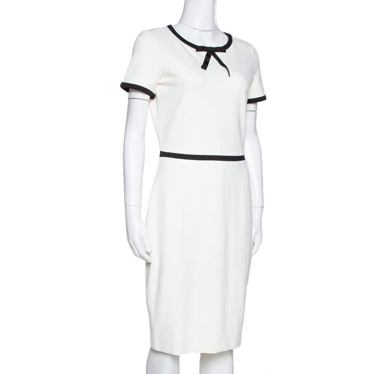 Pre Owned CH Carolina Herrera Off White Jersey Bow Detail Sheath Dress S