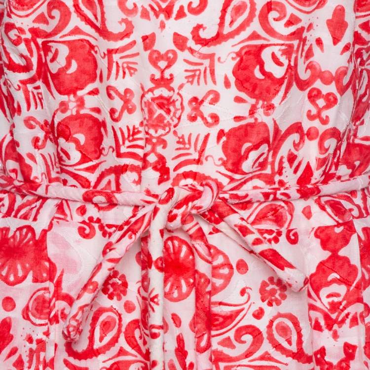 Pre Owned CH Carolina Herrera Red & White Floral Print Cotton Sleeveless Dress L