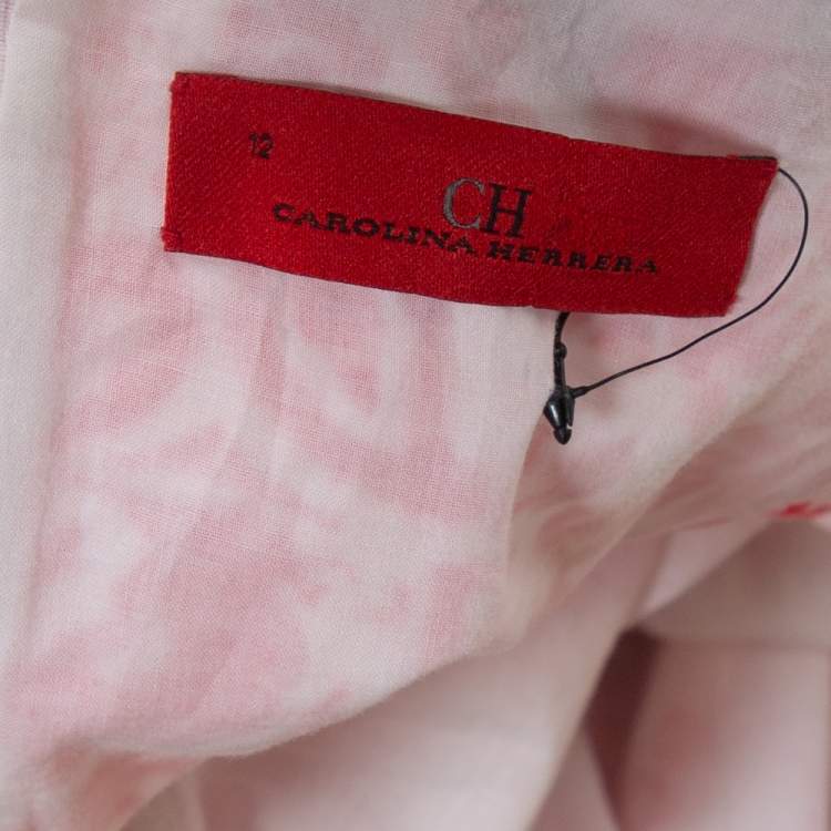 Pre Owned CH Carolina Herrera Red & White Floral Print Cotton Sleeveless Dress L