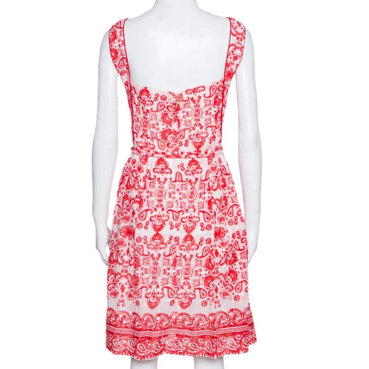 Pre Owned CH Carolina Herrera Red & White Floral Print Cotton Sleeveless Dress L
