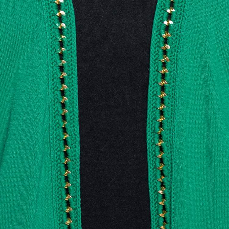 Pre Owned CH Carolina Herrera Green Knit Metal Detail Open Front Cardigan S
