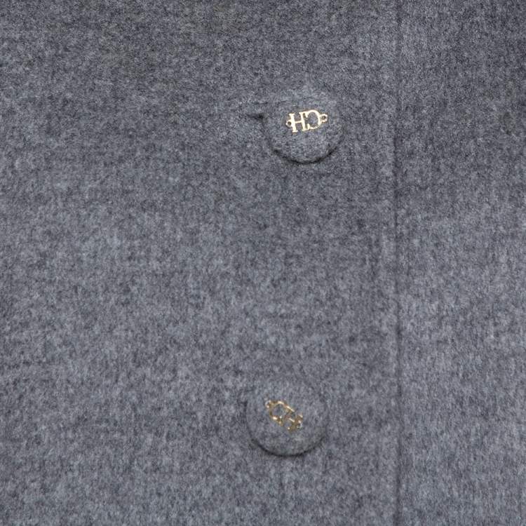 Pre Owned CH Carolina Herrera Grey Wool Fur Trim Peplum Jacket L