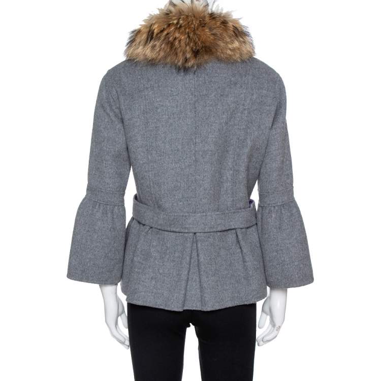 Pre Owned CH Carolina Herrera Grey Wool Fur Trim Peplum Jacket L