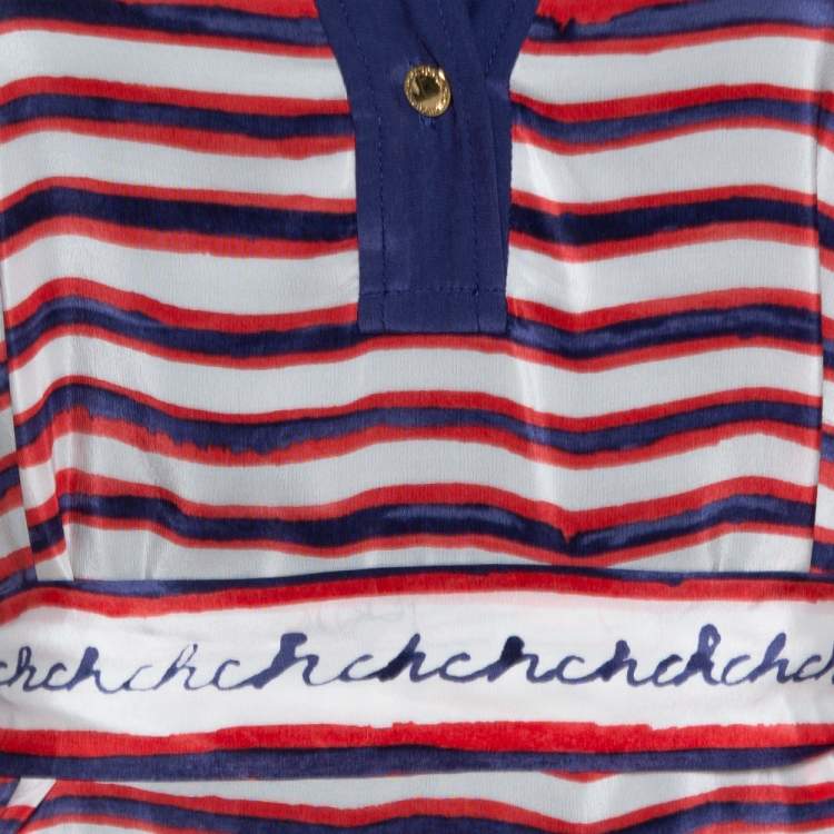 Pre Owned CH Carolina Herrera White Striped Ramie & Silk Belted Top M