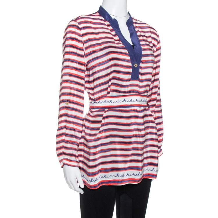 Pre Owned CH Carolina Herrera White Striped Ramie & Silk Belted Top M