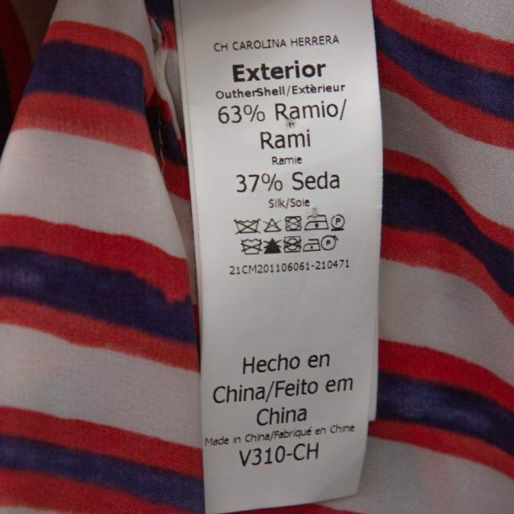 Pre Owned CH Carolina Herrera White Striped Ramie & Silk Belted Top M