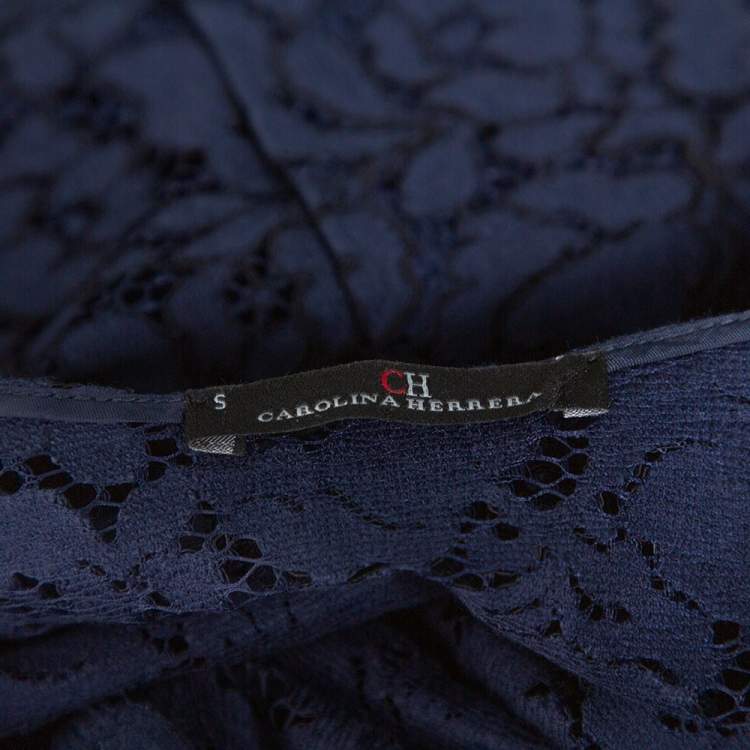 Pre Owned CH Carolina Herrera Navy Blue Lace Flared Coat S