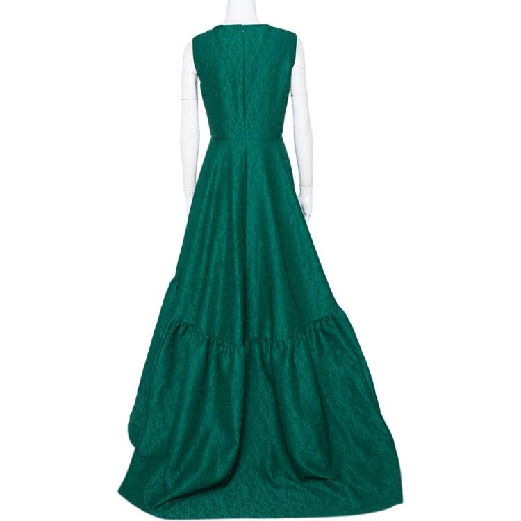 مملوكة مسبقًا CH Carolina Herrera Green Floral Jacquard Flared Gown M