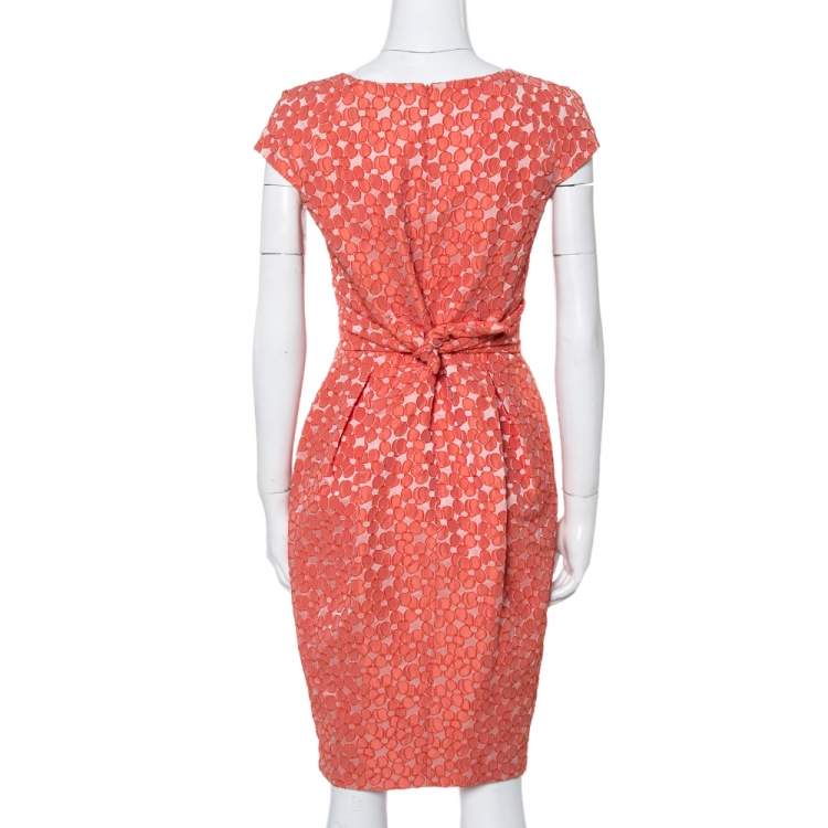 Pre Owned CH Carolina Herrera Orange Floral Jacquard Sheath Dress S