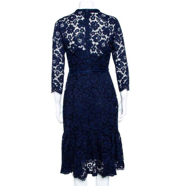 مملوكة مسبقًا CH Carolina Herrera Navy Blue Lace Flounce Hem Midi Dress M