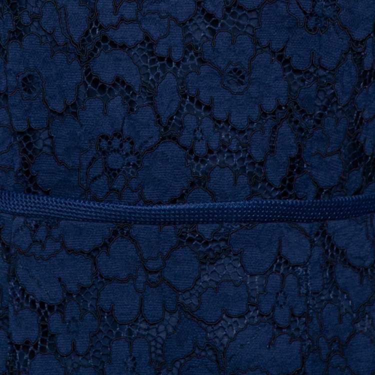 مملوكة مسبقًا CH Carolina Herrera Navy Blue Lace Flounce Hem Midi Dress M