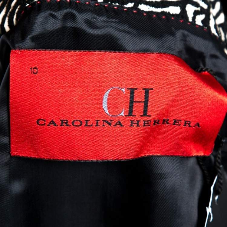 Pre Owned CH Carolina Herrera Monochrome Embossed Jacquard Satin Blazer & Skirt Set L