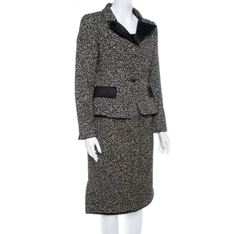 Pre Owned CH Carolina Herrera Monochrome Embossed Jacquard Satin Blazer & Skirt Set L