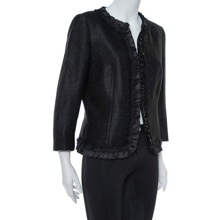 Pre Owned CH Carolina Herrera Black Lurex Cotton Blend Ruffle Detail Jacket L