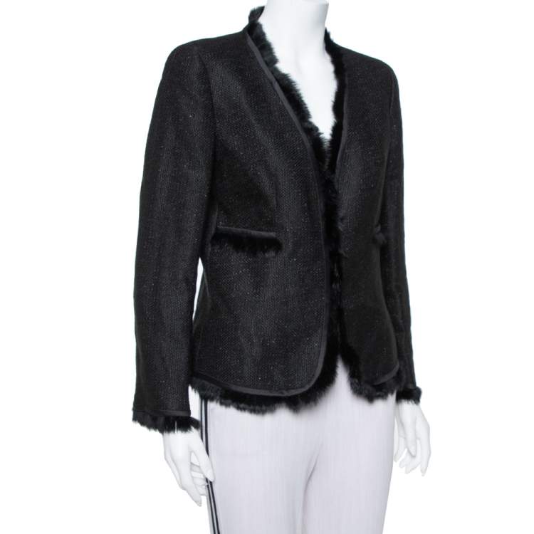 مملوكة مسبقًا CH Carolina Herrera Black Lurex Tweed Faux Fur Detail Jacket L