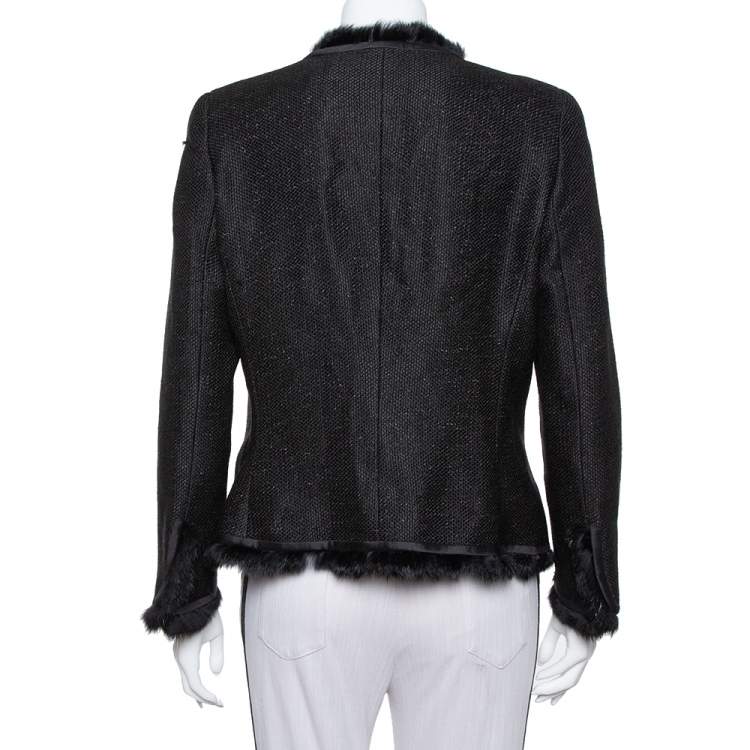 مملوكة مسبقًا CH Carolina Herrera Black Lurex Tweed Faux Fur Detail Jacket L