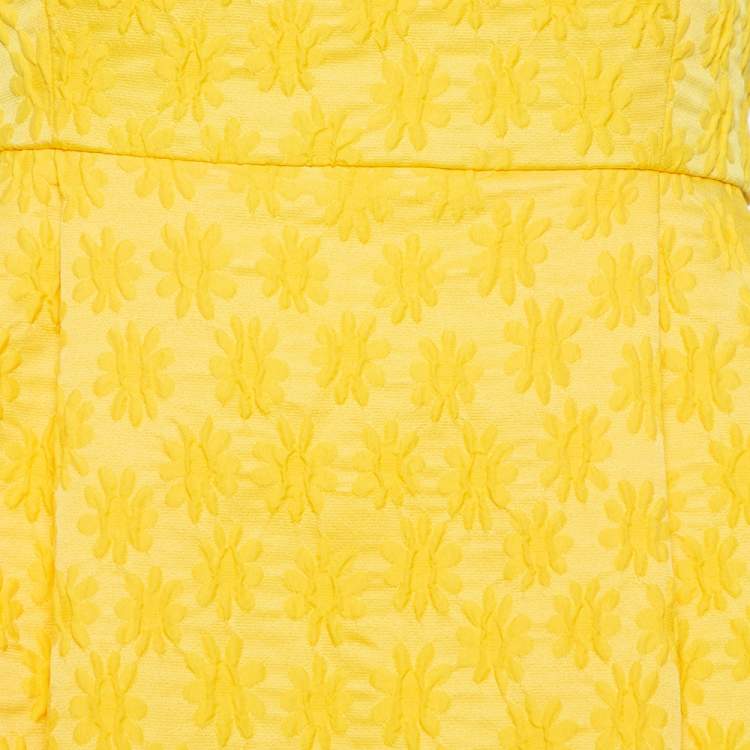Pre Owned CH Carolina Herrera Yellow Embossed Jacquard Pleated Sleeveless Midi Dress M