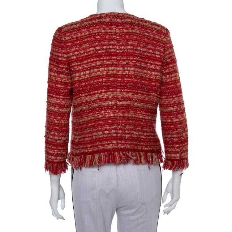 Pre Owned CH Carolina Herrera Red & Beige Tweed Collarless Jacket M
