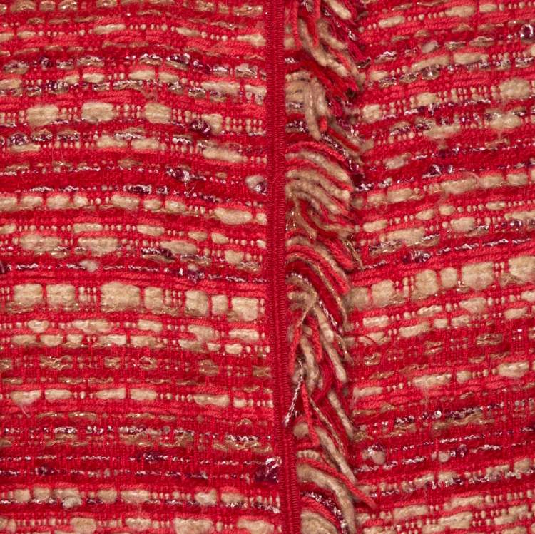 Pre Owned CH Carolina Herrera Red & Beige Tweed Collarless Jacket M