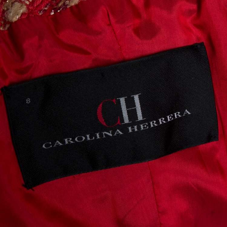 Pre Owned CH Carolina Herrera Red & Beige Tweed Collarless Jacket M