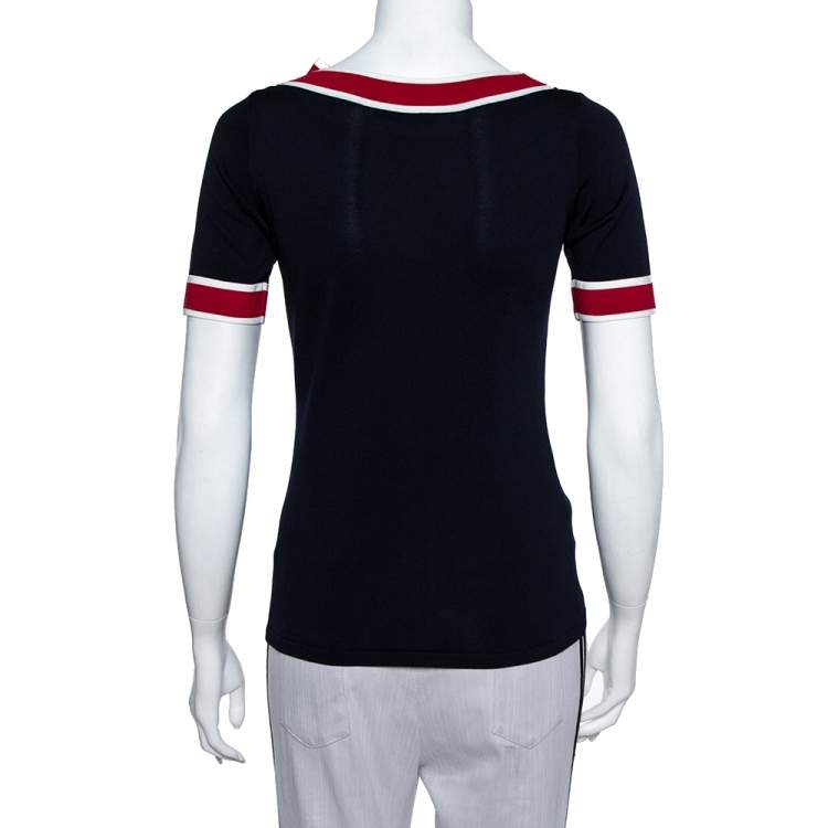 Pre Owned CH Carolina Herrera Navy Blue Knit Contrast Trim & Bow Detail Top S